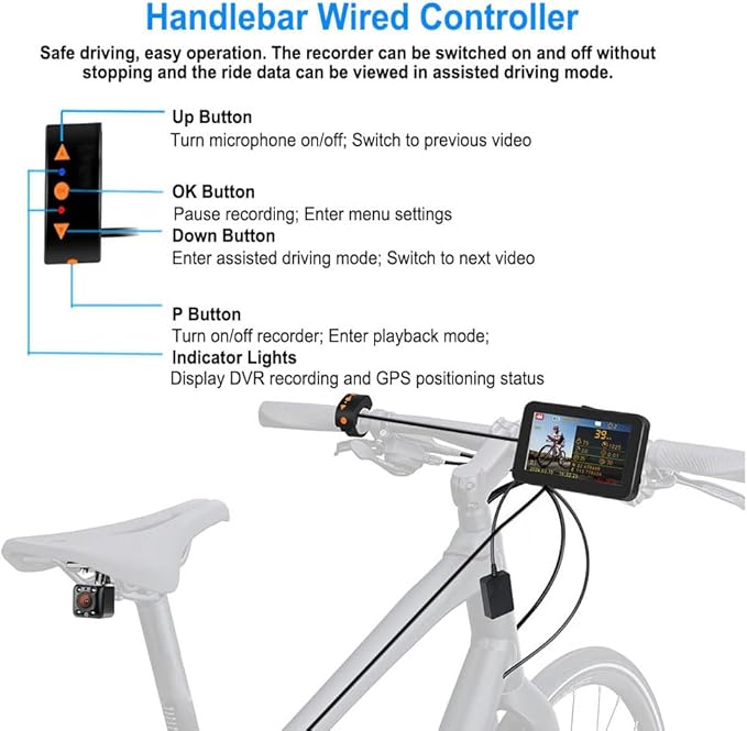 VSYSTO Bicycle Rear View Camera, 4.3'' HD Display Screen Infrared Night Vision Bike Mirror Camera Waterproof DVR for Bicycle Handlebar, GPS, Wired Controller, Temperature and Calories Display (C4.3)