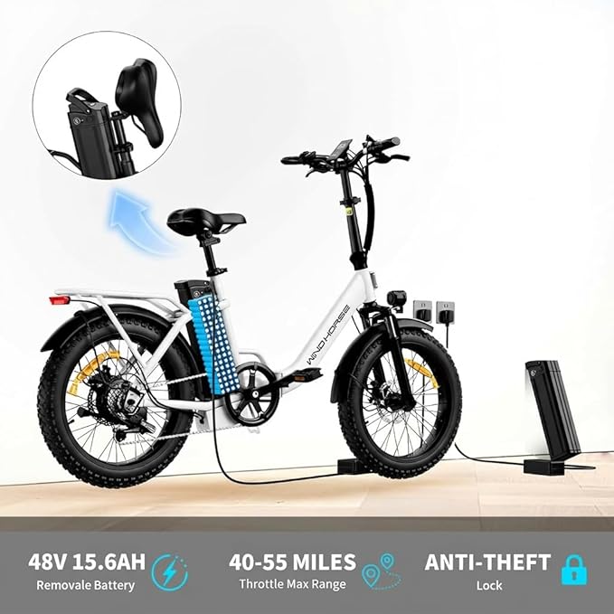 WINDHORSE 20" Foldable Electric Bike, 983W Peak Motor, 20MPH, 40–70 Miles, 48V 748.8Wh Removable UL Battery, Front Suspension, Fat Tire E-Bike for Commuting, Beach, All -Terrain | Adults & Teens
