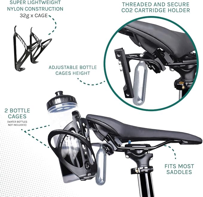 VeloChampion Bike Dual Bottle Cage Holder | Carry 2 Bottles up to 750ml | Ideal for Triathlon & Road Cycling | Suitable for Saddle Rails 50-70mm (Premium)