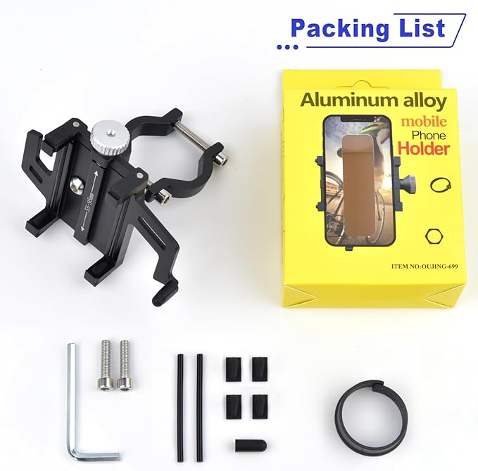 NineLeaf 4Pcs Bike Phone Mount Holder, Aluminum Motorcycle Phone Mount, Bicycle Handlebar Cell Phone Mount Rotatable for Exercise Bike Ebike Scooter Camera Friendly Suitable for 2.2"-3.7" Phones