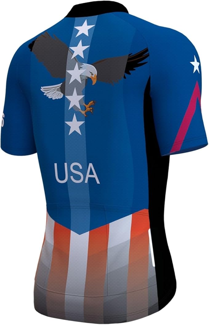 Lo.gas USA Cycling Jersey Men Short Sleeve Bike Biking Shirts American Flag Road Bicycle Clothing Full Zip with Pockets