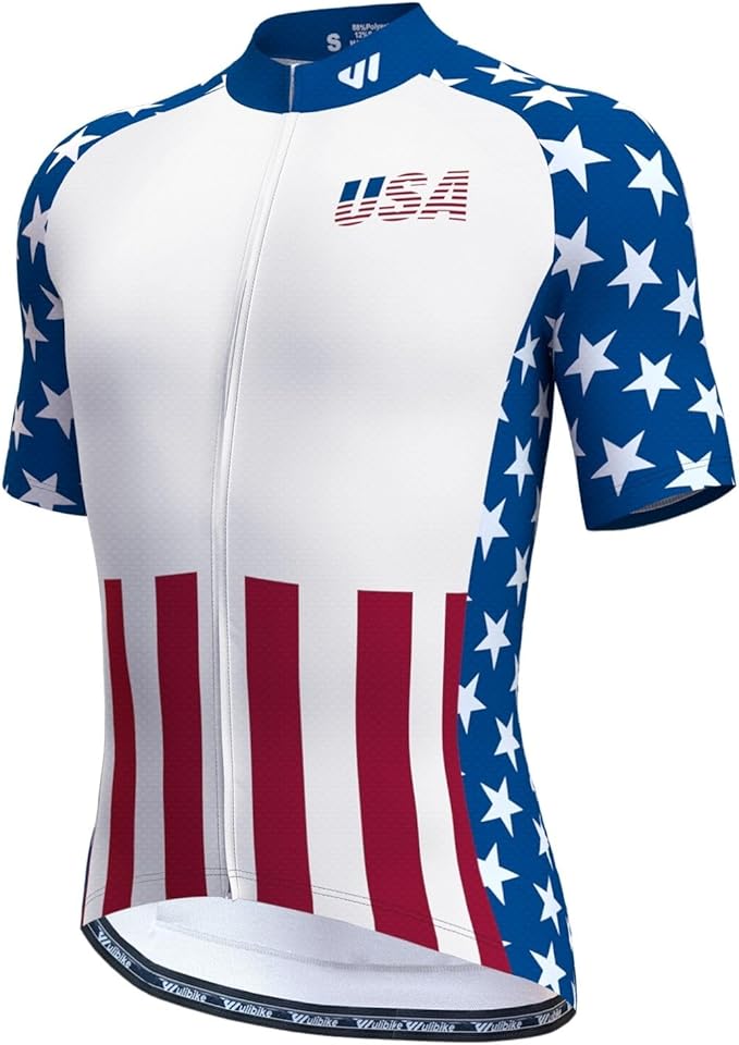 Lo.gas USA Cycling Jersey Men Short Sleeve Bike Biking Shirts American Flag Road Bicycle Clothing Full Zip with Pockets