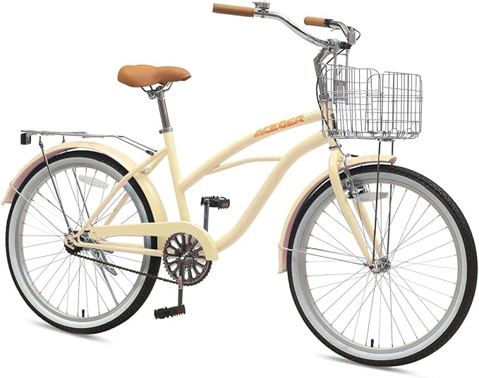 ACEGER 24 26 Inch Women Beach Cruiser Bike, Single Speed and 7 Speed, Adult Hybrid Bike Commuter Bicycle, Hi-Ten Steel Frame with Adjustable Handlebar and Saddle, Multiple Colors