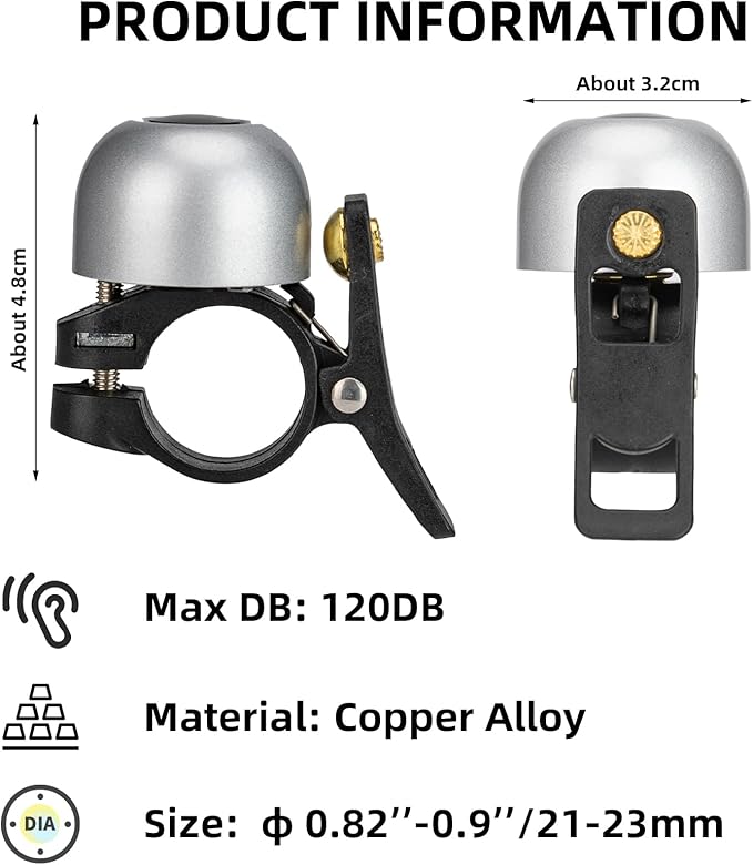 ROCKBROS Bike Bell, Copper Alloy Bike Bell, Loud Sound Classic Bike Ring Bell for Adults, for 0.82’’-0.9’’/21-23mm Handlebar Diameter