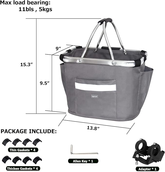 RAYMACE Bicycle Basket Dog Bike Handlebar Basket Front,Folding Detachable Quick Release Easy Install,Cycling Picnic Bag