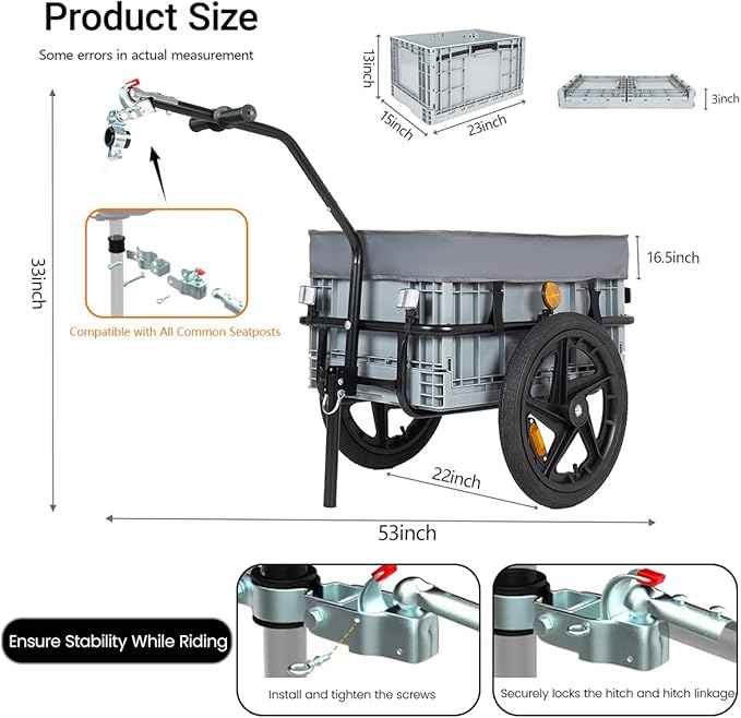 Lightweight Bicycle Trailer, Foldable Bike Cargo Trailer with Universal Hitch, Portable Bicycle Trailers with Removable Box and Waterproof Cover, for Camping, Groceries, 88 LBS Load Capacity, Gray