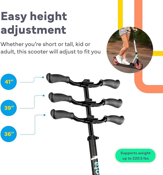 LaScoota Kick Scooter for Kids Ages 6+, Teens & Adults, Large 8" Sturdy Urethane Wheels. Adjustable Handlebar, Lightweight, Foldable, 220lbs Max Load