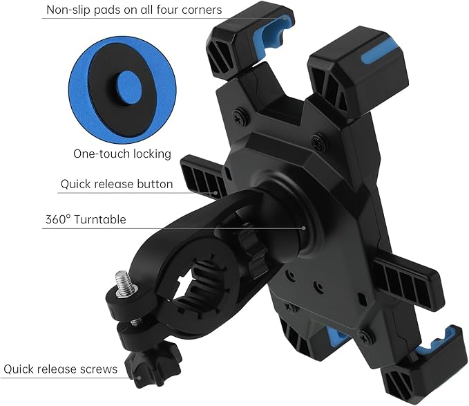 Bike Phone Mount Holder Motorcycle Handlebar Phone Mount Clamp One Hand Operation ATV Scooter Phone Clip for iPhone 12/11 Pro Max/X/XS, Galaxy S10 and 4.7"- 6.8" Cellphone