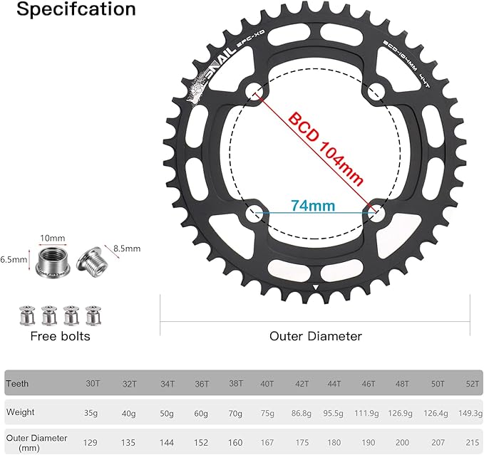 CYSKY 104 BCD Chainring 30T to 52T Narrow Wide Chainring with Sprocket Bolts for 1x Set-up Road Bike Mountain Bike BMX MTB Gravel Ebike