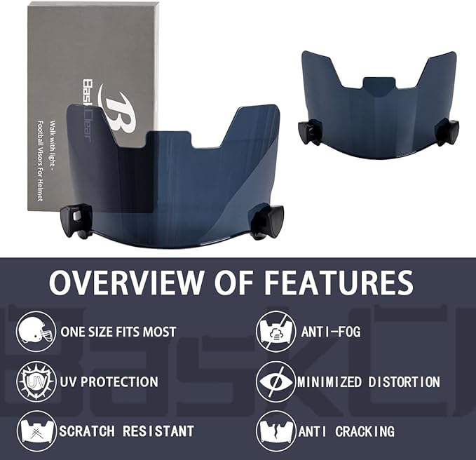 Football Visor Helmet Clear Visor, Scratch Resistant, UV Block, Anti-Fog, Anti-Cracking. Fits Youth and Adult Football Helmets.