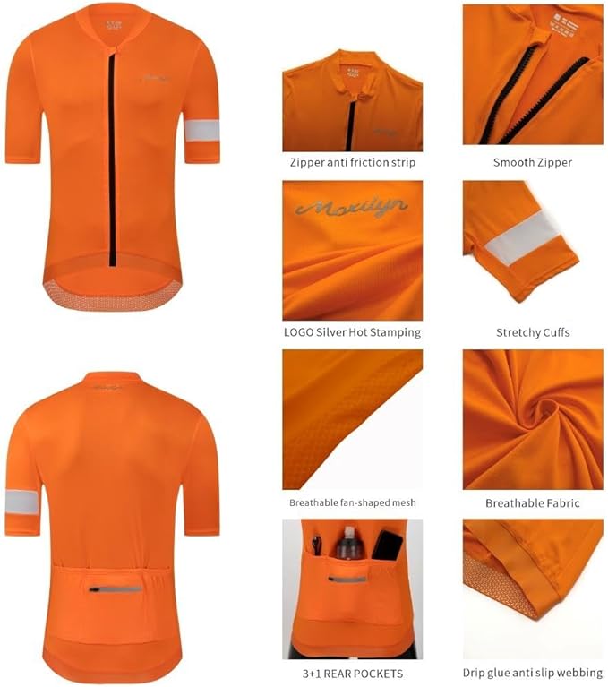 MOXILYN Men's Cycling Jerseys Road Bike Shirts Short Sleeve Full Zipper with 4 Pockets Reflective Widen Anti Slip Hem