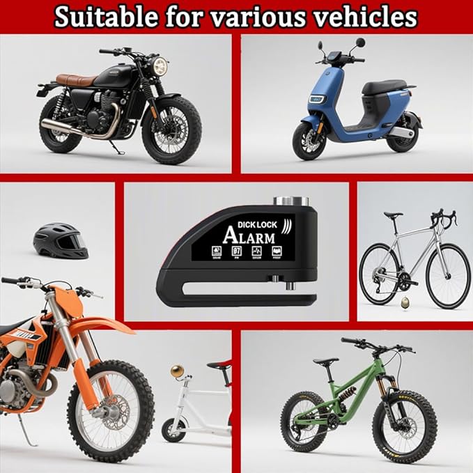 Motorcycle Alarm disc Brake Lock - USB Rechargeable, 130 Decibel Sound, Anti-Theft and Waterproof, Suitable for Various Bicycle and Motorcycle Models. with Reminder Rope and hex Wrench. (Black)
