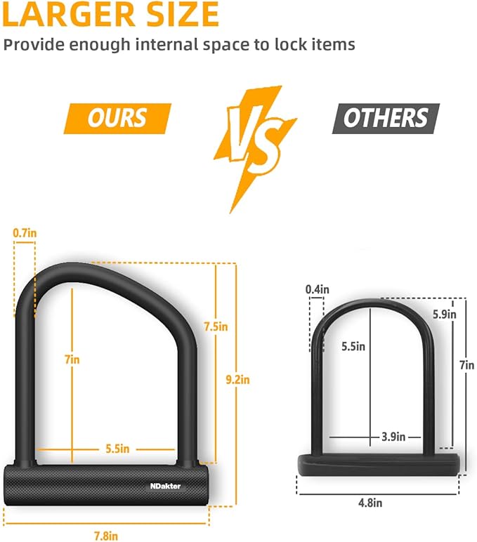 NDakter Bike Locks Heavy Duty Anti Theft 18mm Thick, Motorcycle U Lock with 4FT x 6mm Security Chain, 3Keys Large U-Shape Electric Bicycle Wheel Lock for Ebike, Escooter, Fat-Tire Dirt-Bike, Tricycle