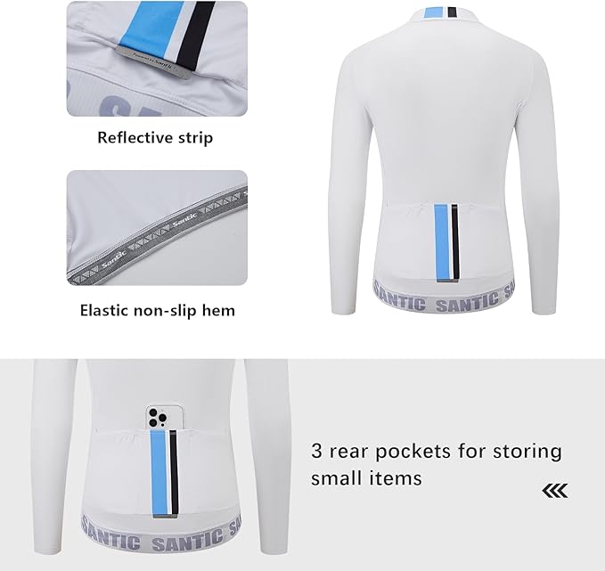 Santic Cycling Jersey Men's Long Sleeve Bike Reflective Full Zip Bicycle Shirts with Pockets