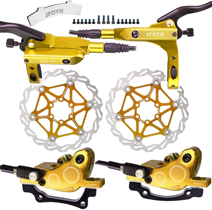 JFOYH 4-Piston MTB Hydraulic Brake Set with 160mm Floating Disc Rotors, Front and Rear Hydraulic Disc Brake Kit for MTB(Pre-Bled, Included Original Pads)