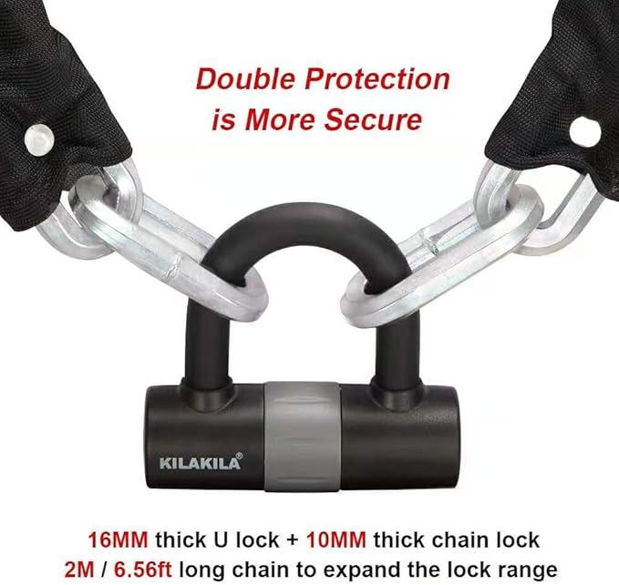 Security Chain Lock - Heavy Duty 10mm Bicycle and Motorbike Lock With 16mm U Lock