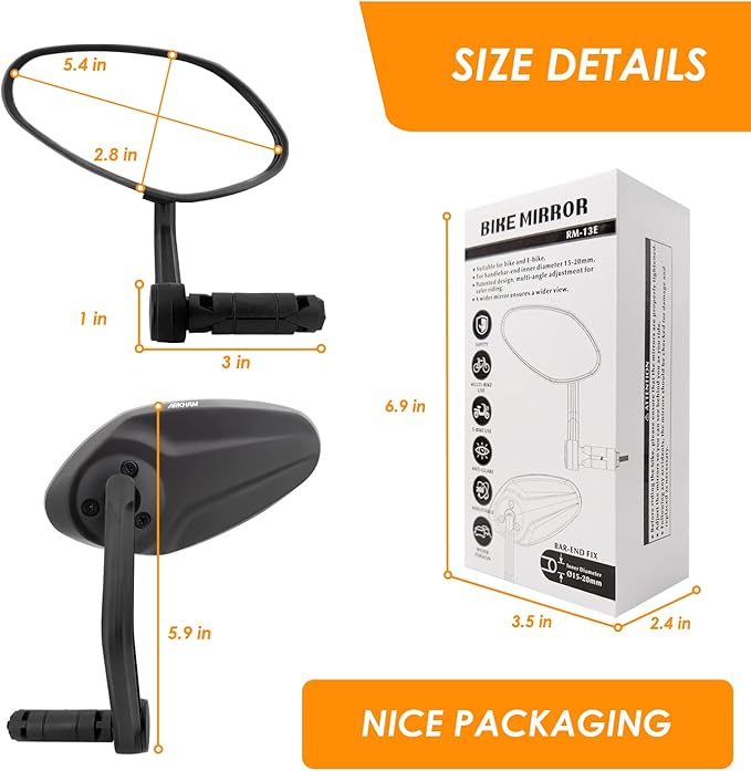 Arkham Bike Mirror for Handlebar HD Bar End Bicycle Mirror Thickened Auto-Grade Glass for Handlebar Rearview Mirror Multi-Angle Adjustable, E-Bike Universal(Oval Single)