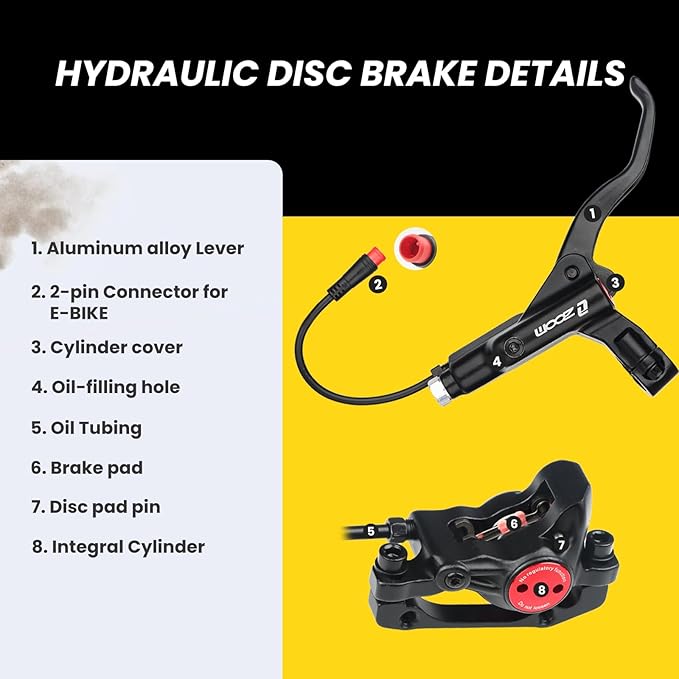 Hycline Ebike Hydraulic Disc Brake Set: Zoom H875E 2-Pistons Power-Off Electric Bike Brake Kit with 2-PIN Sensor Included 160mm/180mm Rotors and Mounting Adapter