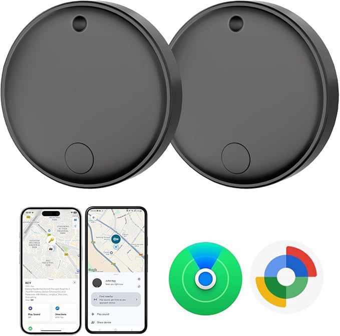 Tracker Tags for Android & iOS, Key Finder Tracking Device Smart Tracker Tag for Luggage, Wallet, Bike, Bags - Both Works with Apple Find My & Google's Find Hub - 2 Pack