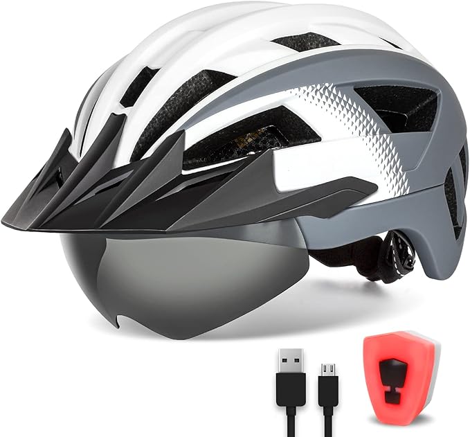 Adult Bike Helmet with Visor and Goggles for Men Women Mountain Road Bicycle Helmet Rechargeable Rear Light Cycling Helmet