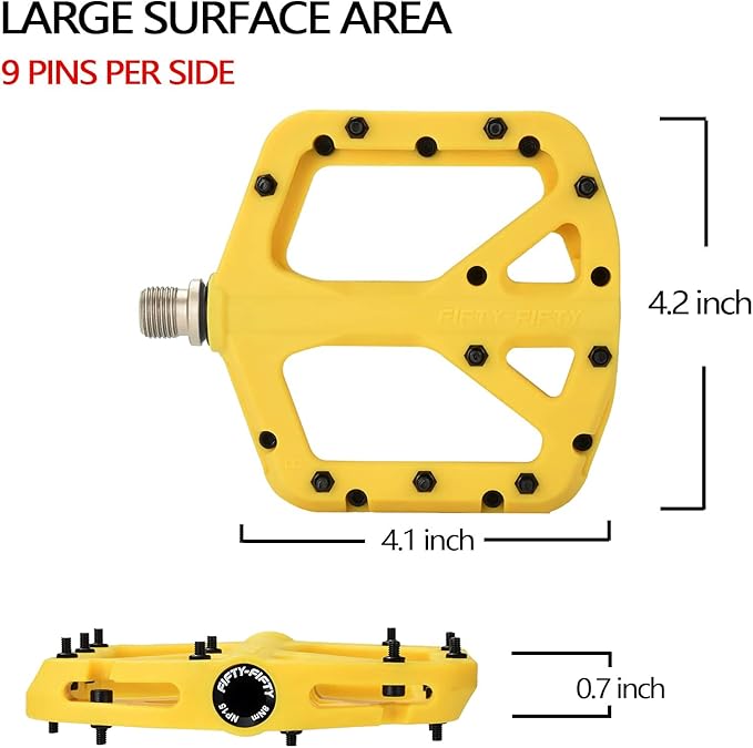 FIFTY-FIFTY Mountain Bike Pedals, Non-Slip MTB Nylon Composite, 9/16" Bicycle Pedals, Lightweight and Wide Flat Platform