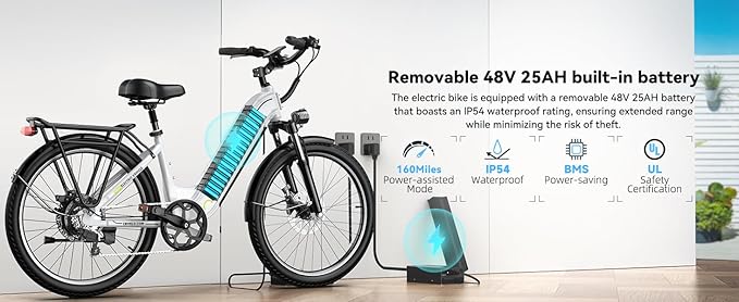 1000 Peak Electric Bike for Adults,up 80 Miles Removable Battery Ebike, 26" Electric E Bike with 7-Speed,Adult Electric Bicycles for Commute Beach Snow White Womens All Terrain
