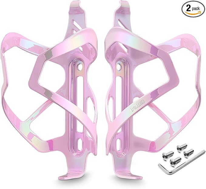 Corki Cycles Heavy Duty Bike Water Bottle Holder, Lightweight Aluminum Cage Shockproof Design for Road Mountain Gravel Bikes, Holds 18-30 oz, 2-Pack Iridescent Pink