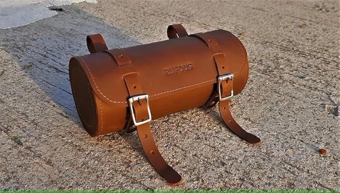 M RUFOUS Genuine Leather Under Seat Handlebar Bicycle Bag - Brown, Premium Handcrafted Bicycle Bag with Brass Buckle, Leather Bag for Cell Phone (Free Waterproof Cover)