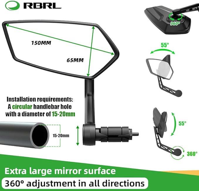 RBRL Bike Mirror Bar End Bike Mirror, Rotatable Bicycle Mirror, Automotive Grade Glass Bike Side Mirrors, Scratch Resistant E-Bike Universal Rearview Mirrors for Mountain bike (Left)