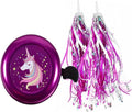 Kids Bike Bell with Streamers, Purple and Green, Unicorn and Dinosaur Theme, Bicycle Accessories