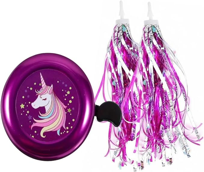 Kids Bike Bell with Streamers, Purple and Green, Unicorn and Dinosaur Theme, Bicycle Accessories