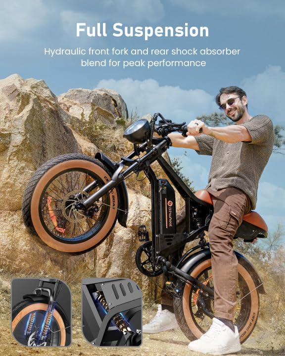 isinwheel Electric Bike Adults 750/1500W Ebike 20/28MPH, 55-75 Miles Electric Motorcycle with 10.4/13AH Battery, 20" Fat Tire Electric Dirt Bike 7-Speed E-Bike Full Suspension, R/L Turn Headlight