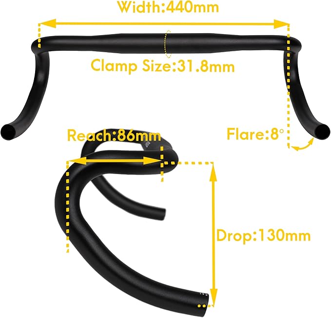 Satori X-Race Gravel Cyclocross Road Bike Bicycle Fixed Gear Single Speed Aluminum Alloy AL6061 8 Degree Flare Drop Bar Bent Handlebar Clamp Size 31.8mm - Width 440mm