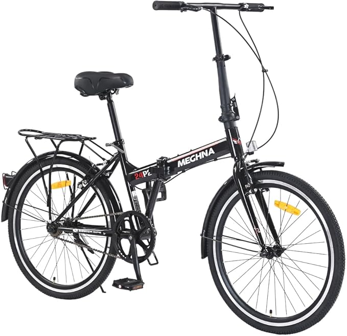 24 Inch Folding Bike for Adults, Steel Frame Single Speed City Commuter Bicycle, Dual V-Brake Portable Compact Bike with Fenders for Men Women