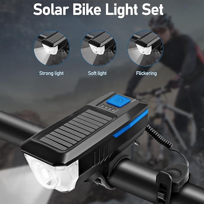 Rechargeable Solar Bike Lights, Night Ultra Bright Bicycle Lights Headlight and Back Taillight with Electric Bell, Easy to Install Waterproof, Road and Mountain LED Bike Lights