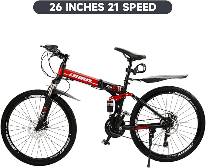Bruce & Shark 26" Folding Mountain Bike for Men, 21 Speeds Full Suspension Commuter Bicycle, High Carbon Steel & Disc Brakes, Portable City Outdoor Bike for Adult Youth Teen