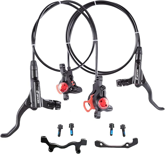 BUCKLOS MTB Hydraulic Disc Brakes Set, Mountain Bike Left Front 800mm Right Rear 1450mm Brake Aluminum Alloy Levers with Calipers PM/is Adapter Fit E-Bike(Pred Bled/Pads Included)