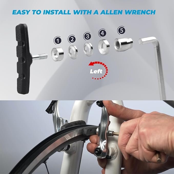 4 PCS Professional Bike Brake Pads, Premium Bicycle Brake Pads, Bike V Brake Blocks for City Bike and Road Bike, Mountain Bike Brake Pads with Allen Wrench and Plastic Box