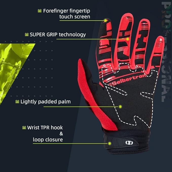 Seibertron Unisex BMX MX ATV MTB Racing Mountain Bike Bicycle Cycling Off-Road/Dirt Bike Gloves Road Racing Motorcycle Motocross Sports Gloves Touch Recognition Full Finger Glove