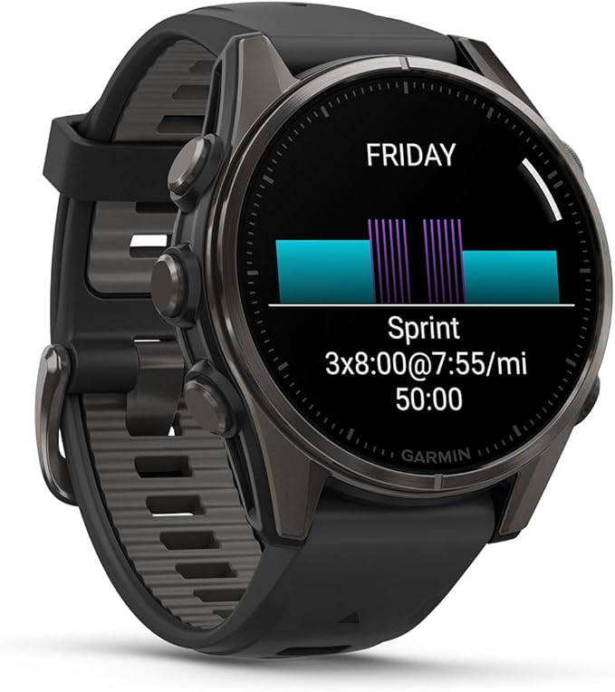 PlayBetter Garmin Fenix 8 AMOLED Sapphire (43mm, Carbon Gray DLC Titanium) Multisport GPS Smartwatch Bundle - 1.3” Touchscreen, Built-in LED Flashlight Wireless Running Earbuds