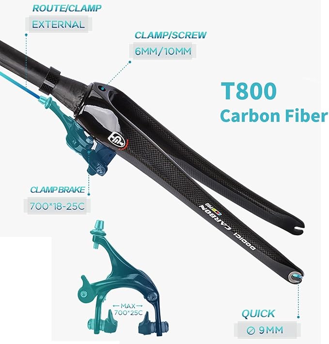 Bike Front Forks 700C Road Bikes Rigid Fork 1-1/2" Tapered Tube Threadless Hard Fork Full Carbon Fiber Rigid Fork C Brake 9 * 100mm Quick Release(Black)