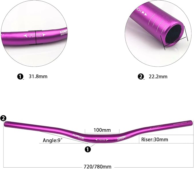 Wake 31.8mm MTB Mountain Bike Handlebar, Aluminum Alloy Mountain Bike Bicycle Riser Handlebar Extra Long 720/780mm with Paint Matte Surface (Purple, 720mm)