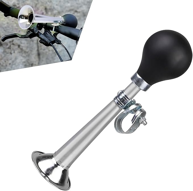 Bike Horn, Classic Waterproof & Rustproof Metal Squeeze Horn with Loud Sound, Plug & Play Handlebar Mount Speaker, Universal for Adult, Kids Bicycles (Silver)