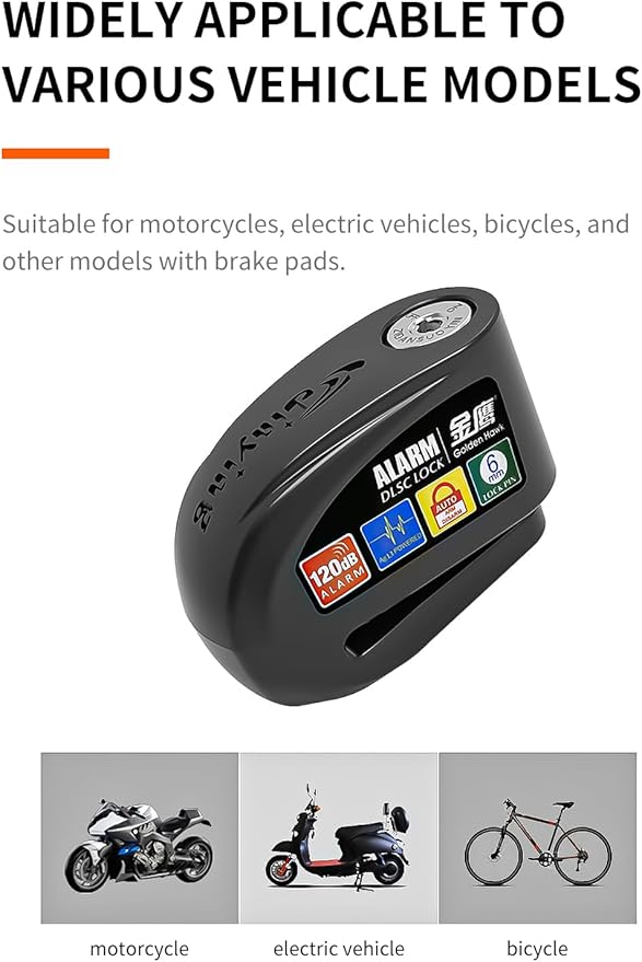 Motorcycle Lock, 120db Alarm Disc Brake Lock, Waterproof Anti-Theft Aluminium Alloy Lock with Reminder Cable, Fit for Motorcycle E-Bike Bicycle Scooter (Black)
