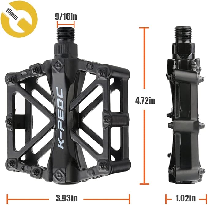 Aluminium CNC Bike Pedals 9/16", Lightweight Mountain Road Bike Pedal with 16 Anti-Skid Pins Bicycle Pedals for MTB BMX