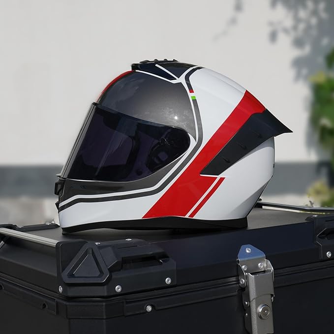 Full Face Motorcycle Helmet,Helmets for Adults Motorcycle, MG611 Motorbike Racing Street Bike Helmets with Black Visor for Men Women,DOT Approved (Glossy Red Gray Lines, L)