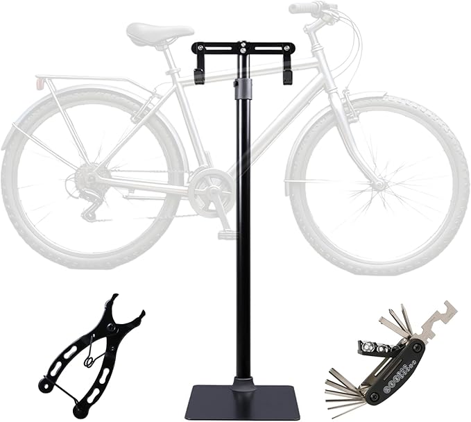 Heavy Duty Bike Floor Stand, Vertical Bicycle Storage Rack for Indoor Garage, Adjustable Rubber Hooks for Road, Mountain & Ebikes, Includes Multi-Function Repair Tool & Chain Plier
