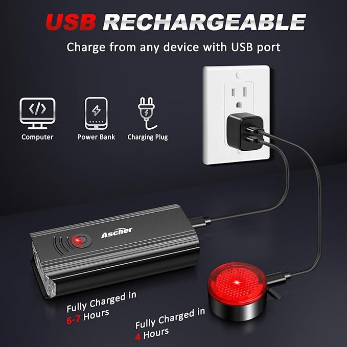 Ascher USB Rechargeable Bike Light Front and Back, Super Bright 1000 Lumens Bicycle Headlight and Compact Tail Light, 4 Light Modes, Large Capacity Battery Bike Lights for Night Riding Road Mountain