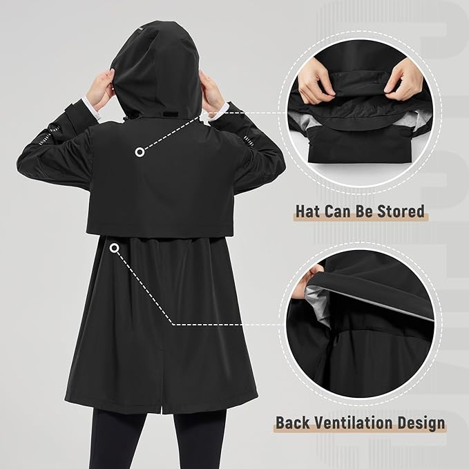 baleaf Women's Long Rain Coat Packable Waterproof Windbreaker Lightweight Cycling Jacket with Hood