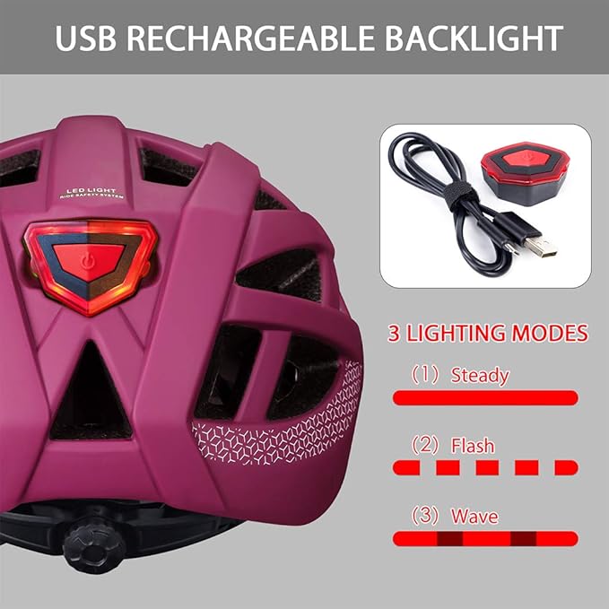 Adult-Men-Women Bike Helmet with Light - Mountain Road Bicycle Helmet with Replacement Pads & Detachable Visor
